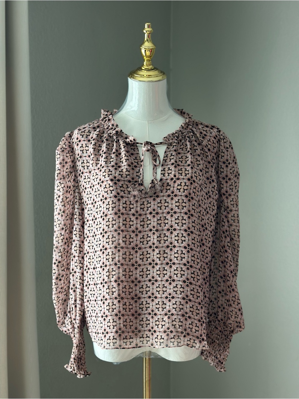 MISA Los Angeles Tassel Tie Printed Blouse Top Size Small